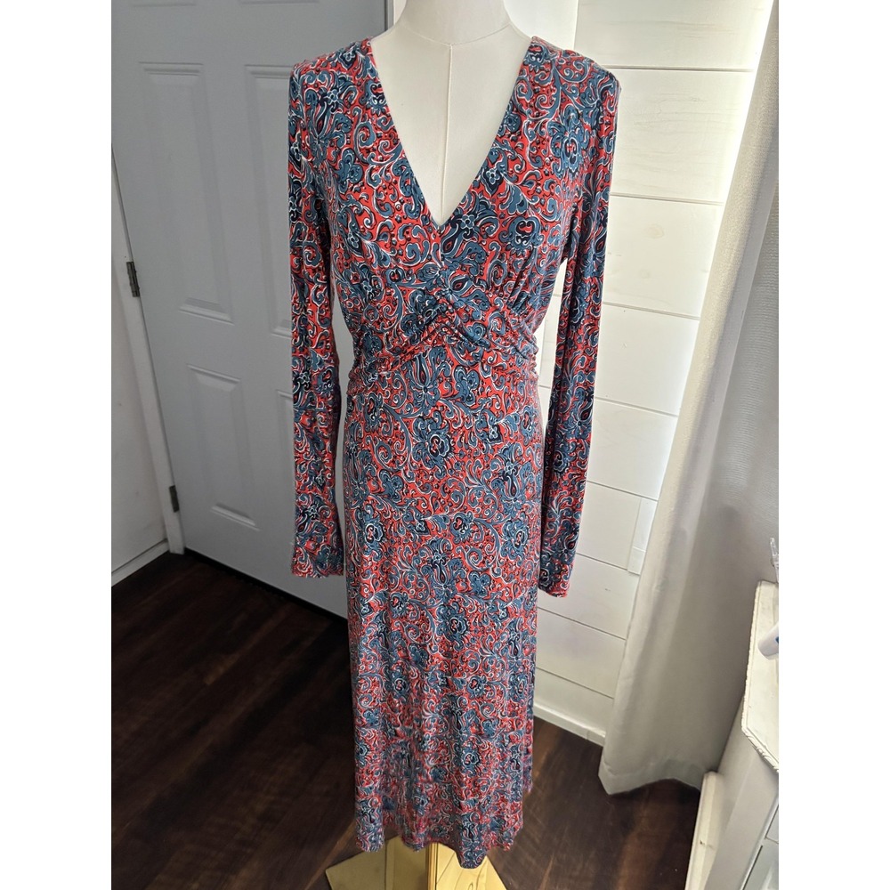 Boden Dress Womens 8 Red Paisley Jersey Maxi Wrap Ruched Long Sleeve V Neck